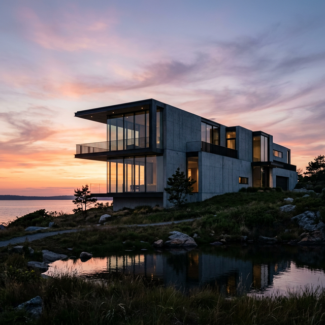 Modern minimalist architectural silhouette against a dramatic sky