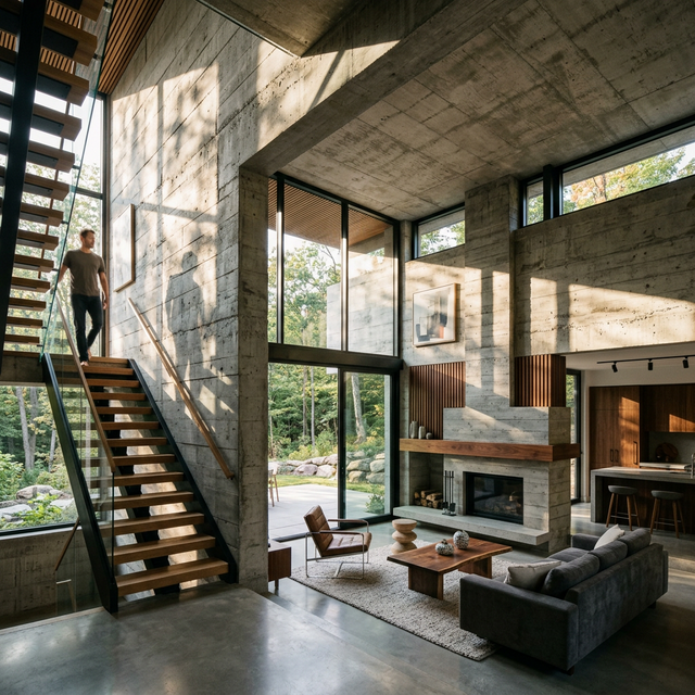 Modern interior featuring tactile concrete and warm wood elements