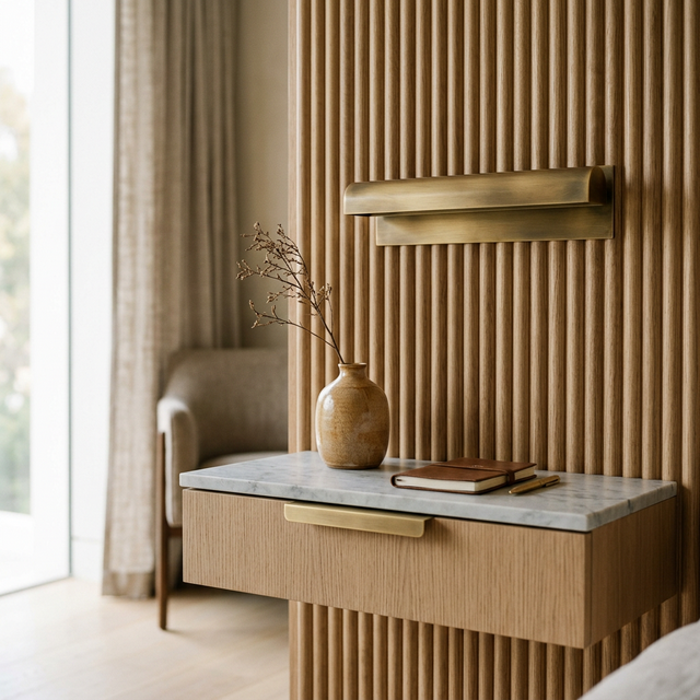 Close-up of refined minimalist interior details and materials