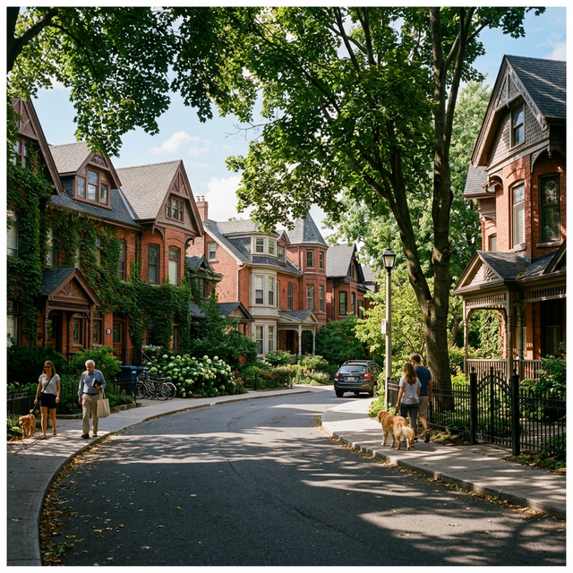 Charming tree-lined street in The Annex with majestic Victorian mansions