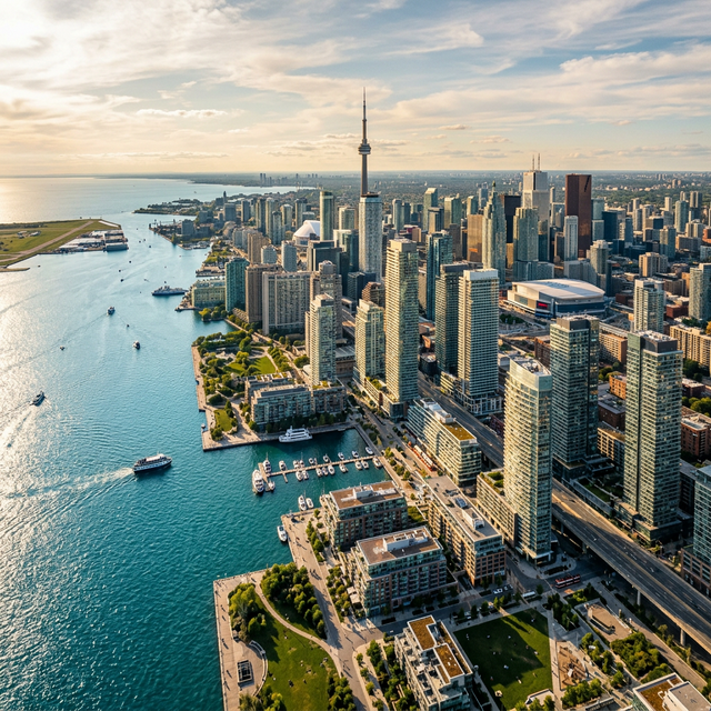Panoramic aerial view of luxury condos along the Toronto Waterfront