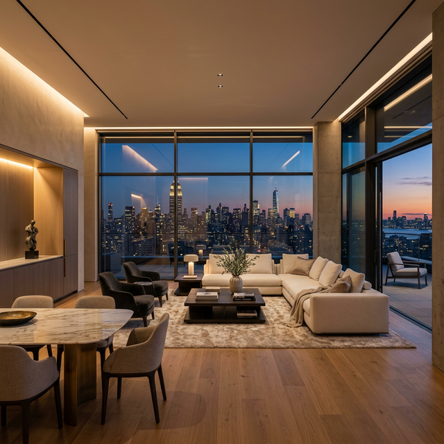 Modern luxury penthouse suite with floor-to-ceiling windows