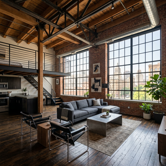 Industrial loft space with exposed brick and high ceilings